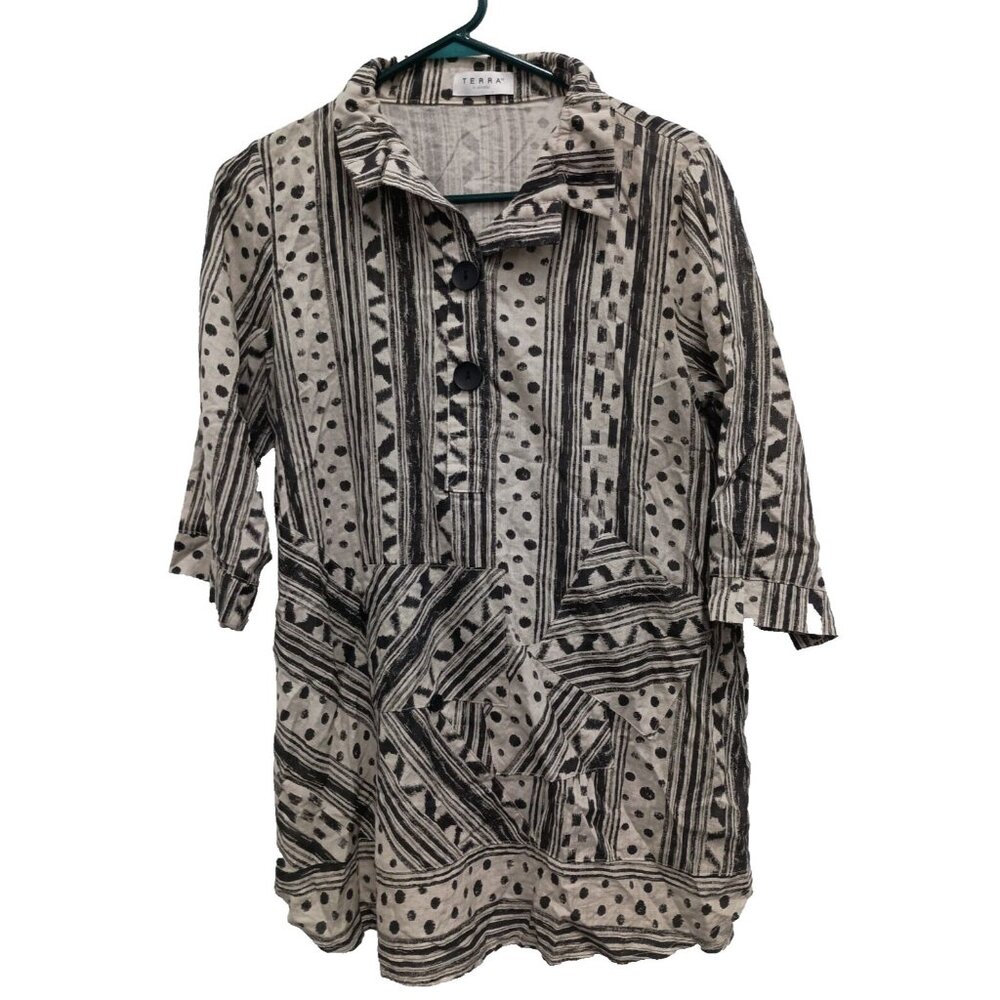 Terra SJ Apparel Tunic Top Womens Small Beige Abstract Wearable Art Lagenlook
